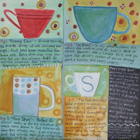 Her Many Coffee Cups 28x28