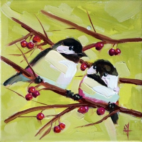 Two Chickadees No.123  - 10x10