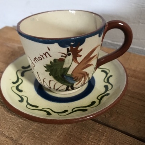 check Coloured Cockerel Aller Teacup & Saucer