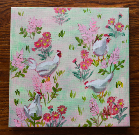Picture of Chickens, Rooster, and Flowers – 10x10
