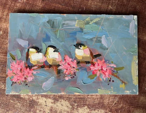 Picture of Three Chickadees & Cherry Blossoms - 13x21 - SALE